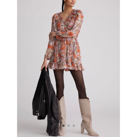 ANTHROPOLOGIE CURRENT AIR Ruffled Floral Mini Dress Womens Large Gray Orange - Picture 1 of 16